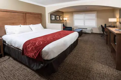 a hotel room with a large bed and a desk at Comfort Suites Fresno River Park in Fresno
