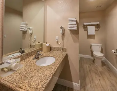 a bathroom with a sink and a toilet at Edge Water Inn in Reedley