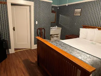 a bedroom with a bed and a sink at Americas Best Value Inn Royal Carriage in Jamestown