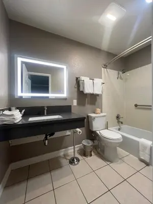 a bathroom with a sink and a toilet and a tub at Lamp Liter Inn Visalia, an Ascend Collection Hotel in Visalia