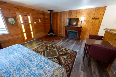 a bedroom with a bed and a fireplace and a television at The Tamarack Lodge in Lakeshore