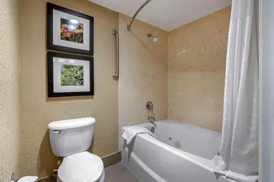 a bathroom with a white toilet and a tub and a sink at Comfort Inn Lathrop Stockton Airport in Lathrop