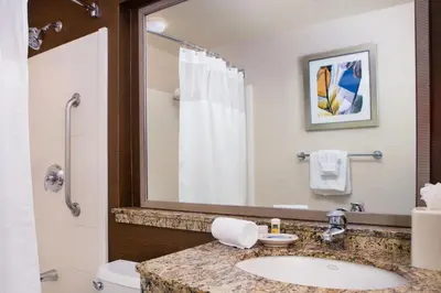 a bathroom with a sink and a toilet and a mirror at Fairfield Inn Sacramento Cal Expo in Sacramento