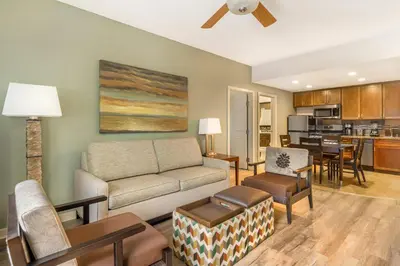 a living room with a couch and a table at Hilton Vacation Club Lake Tahoe Resort South in South Lake Tahoe