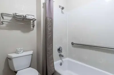 a bathroom with a white toilet and a shower at Motel 6-Kingsburg, CA in Kingsburg