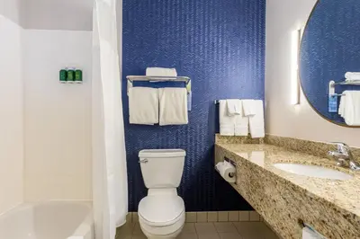 a bathroom with a toilet and a sink and a mirror at Fairfield Inn & Suites Rancho Cordova in Rancho Cordova
