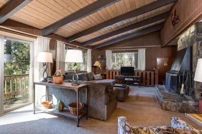 a living room with a couch and a fireplace at 24B Birds Eye View in Wawona
