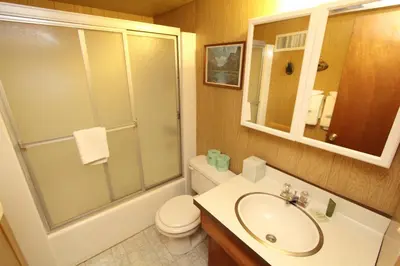 a bathroom with a toilet and a sink and a shower at 6B Meadow View in Wawona