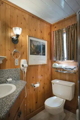 a bathroom with a toilet and a sink at 14 Chipmunk Hollow in Wawona