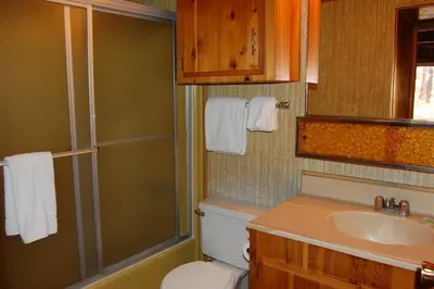 a bathroom with a toilet and a sink and a shower at 46R Manzanita Lodge in Wawona