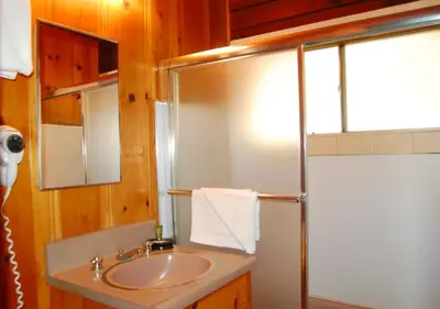 a bathroom with a sink and a shower at 3N Lockwood Lodge in Wawona