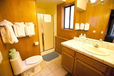 a bathroom with a toilet and a sink and a mirror at 48R The Tree House II in Wawona