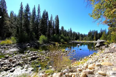 a river with a bunch of rocks and trees at 5N Edmond's Place in Wawona