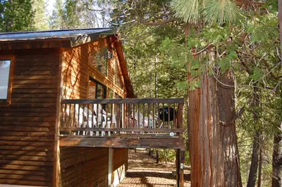 a log cabin with a balcony in the woods at 5N Edmond's Place in Wawona