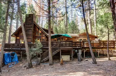 a log cabin in the woods with trees at 41A Cedar Chalet in Wawona