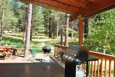 a grill and smoker on a deck with a picnic table at 93R Deer Lodge in North Wawona