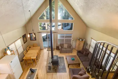 an overhead view of a living room with a large window at 7S Wawona Chalet in Wawona