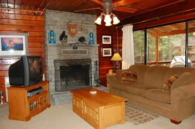 a living room with a couch and a fireplace at 35 Cubbys Den in Wawona