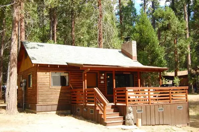 a small cabin in the woods with a tree at 35 Cubbys Den in Wawona