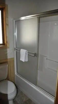a bathroom with a glass shower with a toilet at 44R Grant's Camp in Wawona