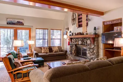 a living room with a couch and a fireplace at 1A Wawona Retreat in Wawona
