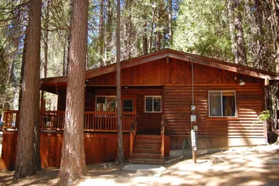 a log cabin in the middle of the trees at 82 Shehadey's Retreat in North Wawona