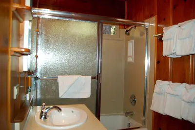 a bathroom with a shower and a sink and a shower at 73 Walk-A-Bout in Wawona