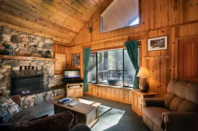 a living room with a stone fireplace in a cabin at 24 Wawona Cabin in Wawona