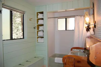 a bathroom with a sink and a window at 9S Pine Cabin in South Wawona