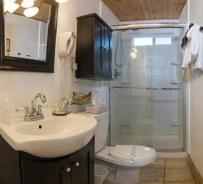 a bathroom with a sink and a shower at Fireside Lodge in South Lake Tahoe