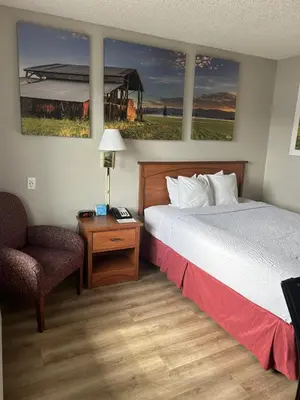 a hotel room with a bed and a chair at Days Inn by Wyndham Turlock in Turlock