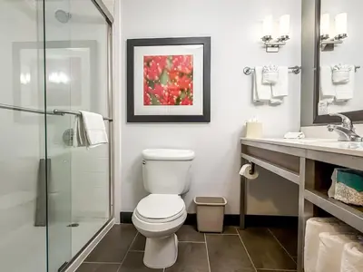 a bathroom with a toilet and a glass shower at Hilton Garden Inn Gilroy in Gilroy