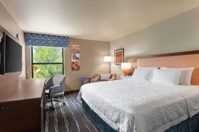 a hotel room with a bed and a desk and a window at Hampton Inn Sacramento/Rancho Cordova in Rancho Cordova
