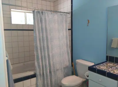 a bathroom with a toilet and a shower curtain at Suite Sunshine in Yosemite West