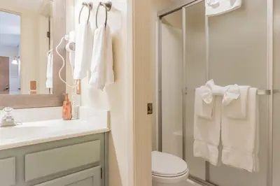 a bathroom with a shower and a toilet and a sink at Crestview -B # 46 in Mammoth Lakes