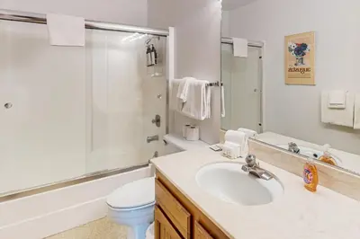 a bathroom with a sink and a toilet and a shower at Tahoe City Retreat in Lake Forest