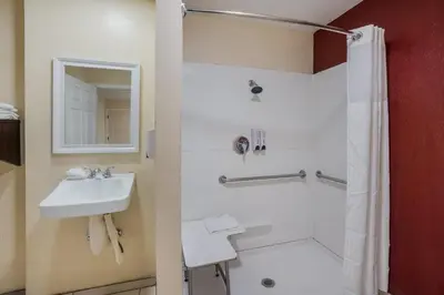 a bathroom with a sink and a shower at Red Roof Inn Stockton in Stockton