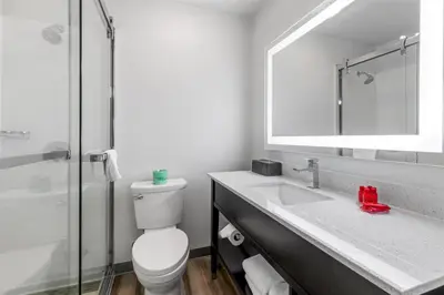 a bathroom with a toilet and a sink and a mirror at SureStay Plus Hotel by Best Western Mammoth Lakes in Mammoth Lakes