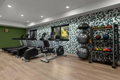 a gym with treadmills and a wall with a wallpaper at The Inelle, Oakhurst Yosemite, a Tribute Portfolio Hotel in Oakhurst