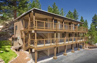 a large wooden house with a large deck at WorldMark Lake Tahoe in Stateline