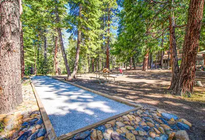 a path in a park with trees and a picnic table at Beauty by Kings Beach in Wood Vista