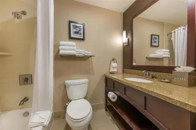 a bathroom with a toilet and a sink and a mirror at Best Western Plus Truckee-Tahoe Hotel in Truckee