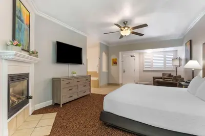 a bedroom with a bed and a tv and a fireplace at Best Western Plus Placerville Inn in Placerville