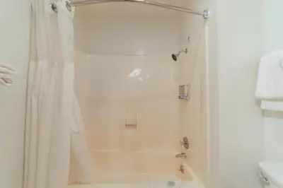 a white bathroom with a shower and a tub at Alpenhof Lodge in Mammoth Lakes