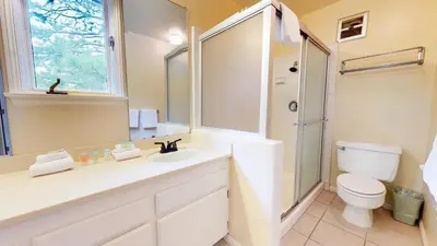 a bathroom with a sink and a toilet and a shower at Chateau de Montagne #29 Condo in Mammoth Lakes