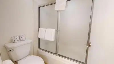 a bathroom with a shower and a toilet at Horizons 4 #150 Condo in Mammoth Lakes