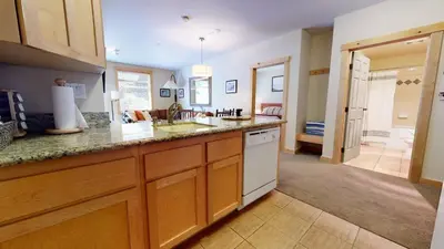 a kitchen with a sink and a counter top at Sunstone #114 Condo in Mammoth Lakes