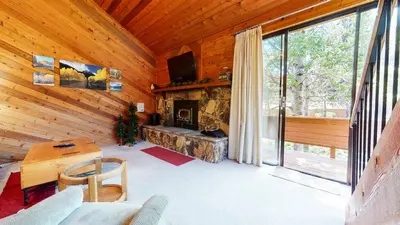 a living room with a fireplace in a log cabin at Snowflower #81 Condo in Mammoth Lakes
