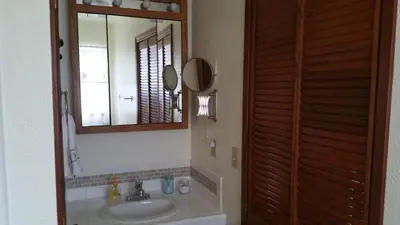 a bathroom with a sink and a mirror at Lovely Mountain Lake Chalet by Yosemite: Equipped! in Groveland