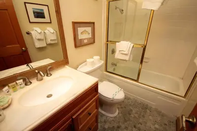 a bathroom with a sink and a toilet and a shower at Mountainback 49 Den in Mammoth Lakes